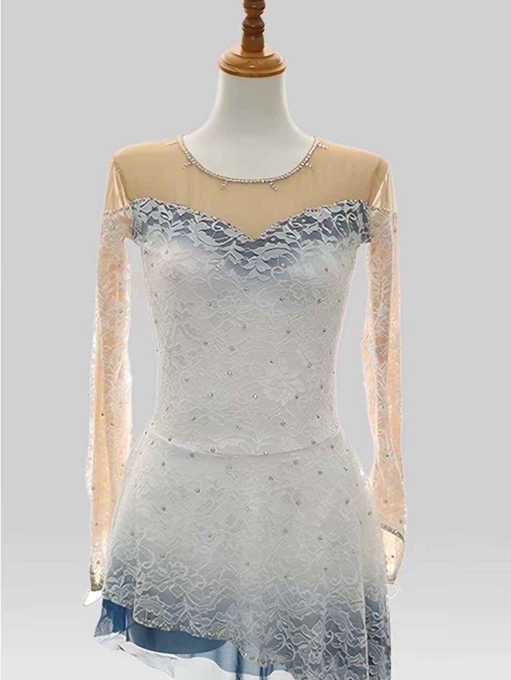 Girl Sheer Illusion Long-Sleeve Lace Ice Figure Skating Dress – White and Nude